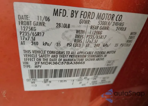 2007 Ford Edge Se from USA, damaged, VIN 2FMDK36C57BA38665